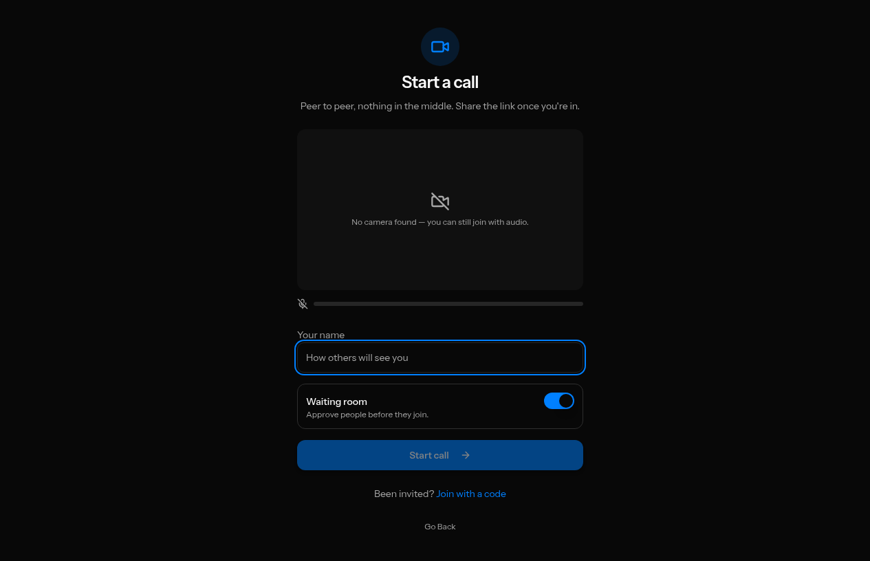 Start a Call screen with display name field and waiting room toggle