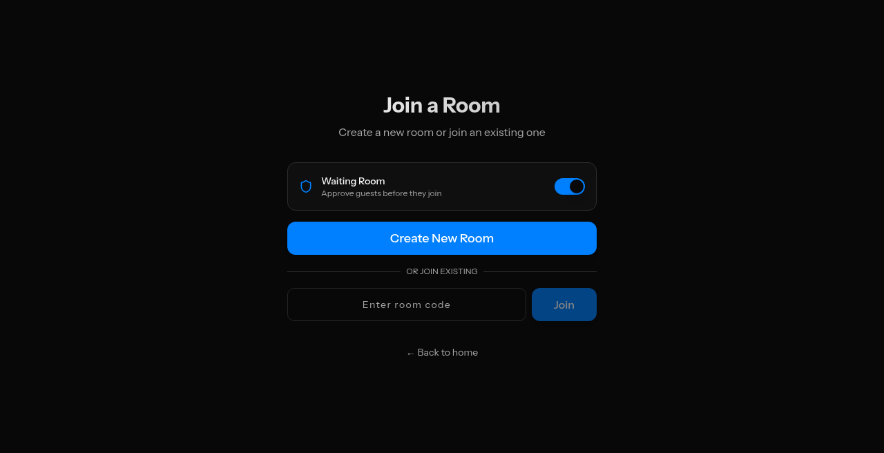 Room lobby at /r with Create New Room and join-by-code options