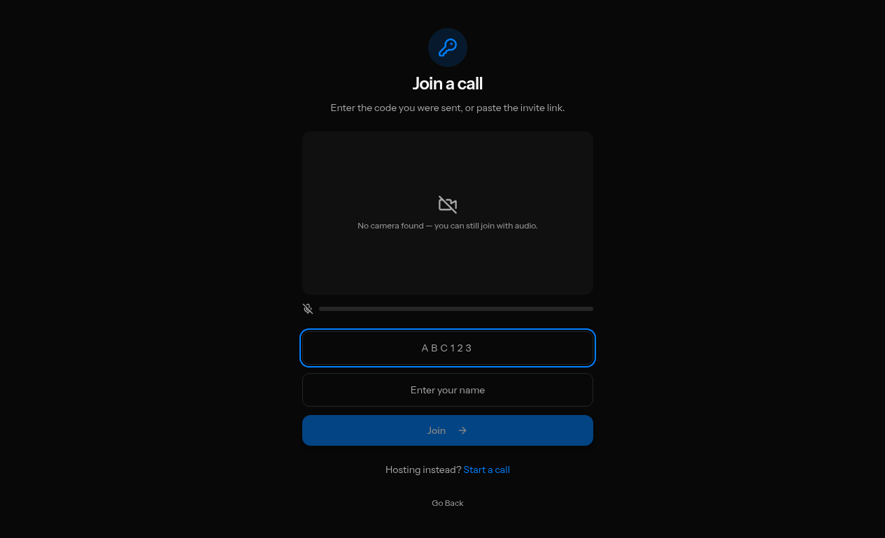 Join a Call screen with room code field and name field